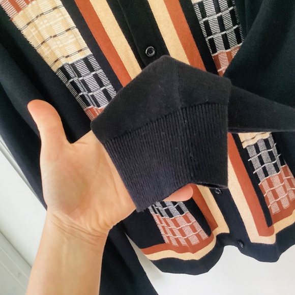 Express Men’s Button Up Collated Sweater Size L Cotton Preppy Brown Black Woven - Picture 8 of 13